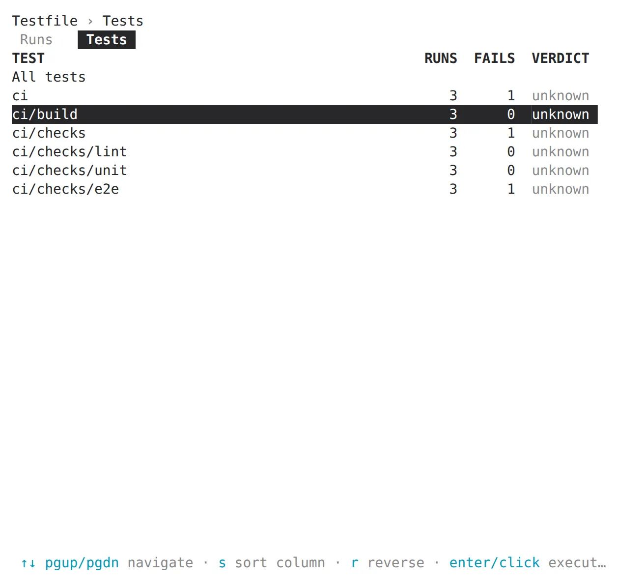 The TUI's tests tab in a 72-column terminal: a single panel instead of two