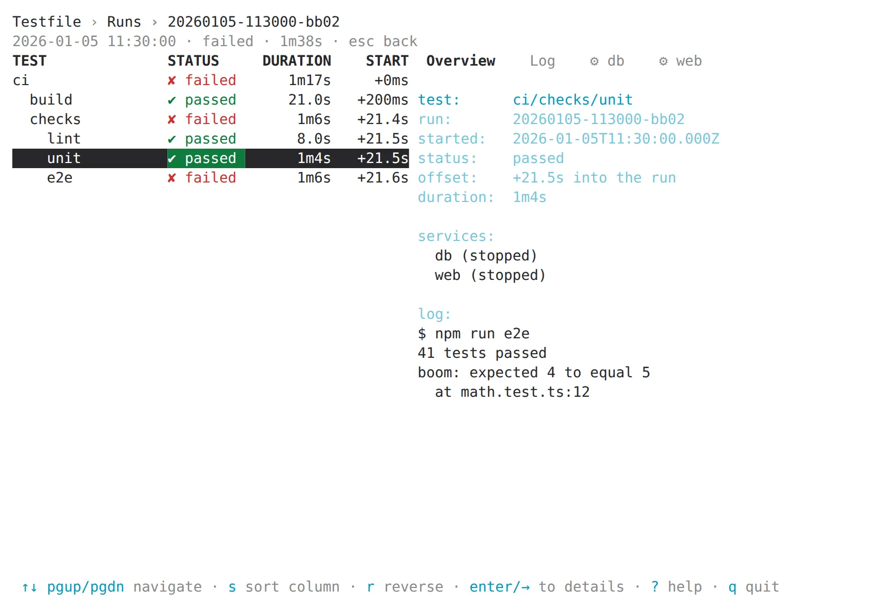The TUI's run page: the suite tree on the left, the overview of the selected row on the right
