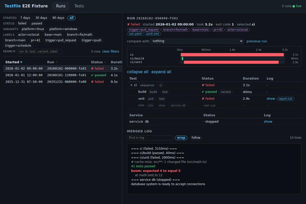 The web viewer's runs view in the dark theme