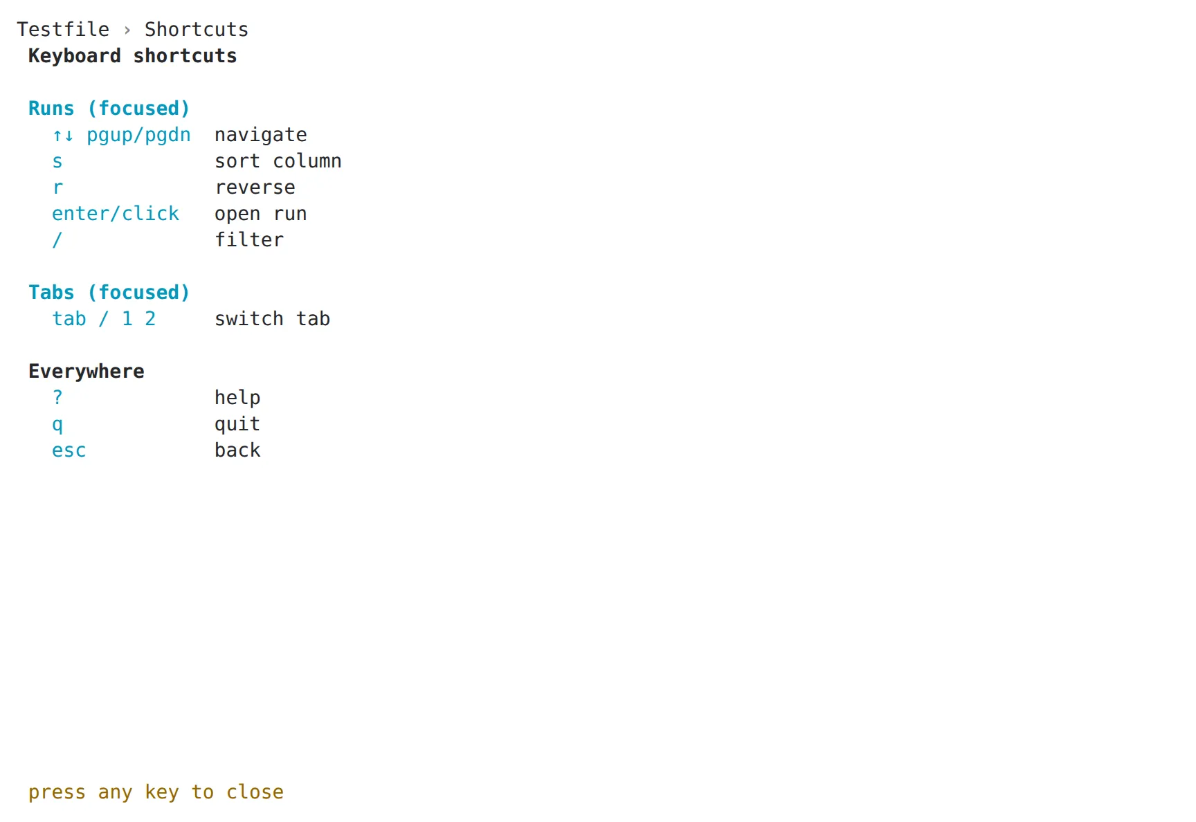 The TUI's shortcut overlay, listing the keys of the current page