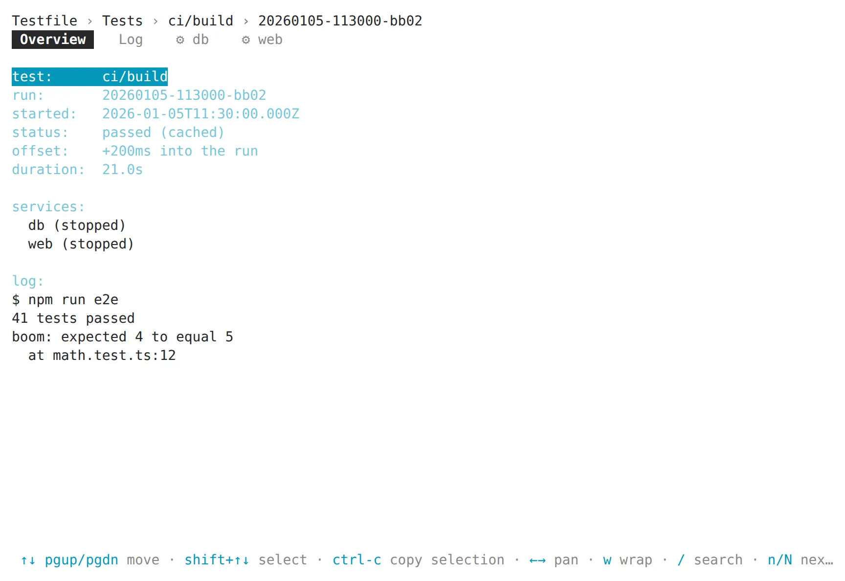 The TUI's test page: breadcrumb, tabs and the overview of a single test execution