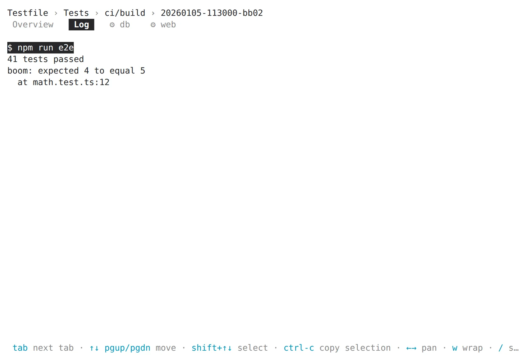 The TUI's test page with the log tab open and the cursor line on the first line of the log