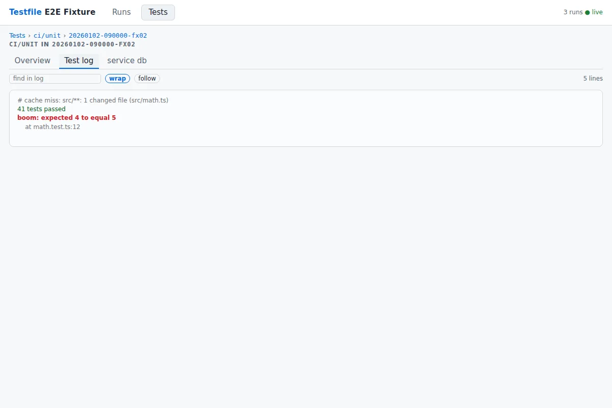 The page of a single test execution: breadcrumb, tabs, and the test's log open
