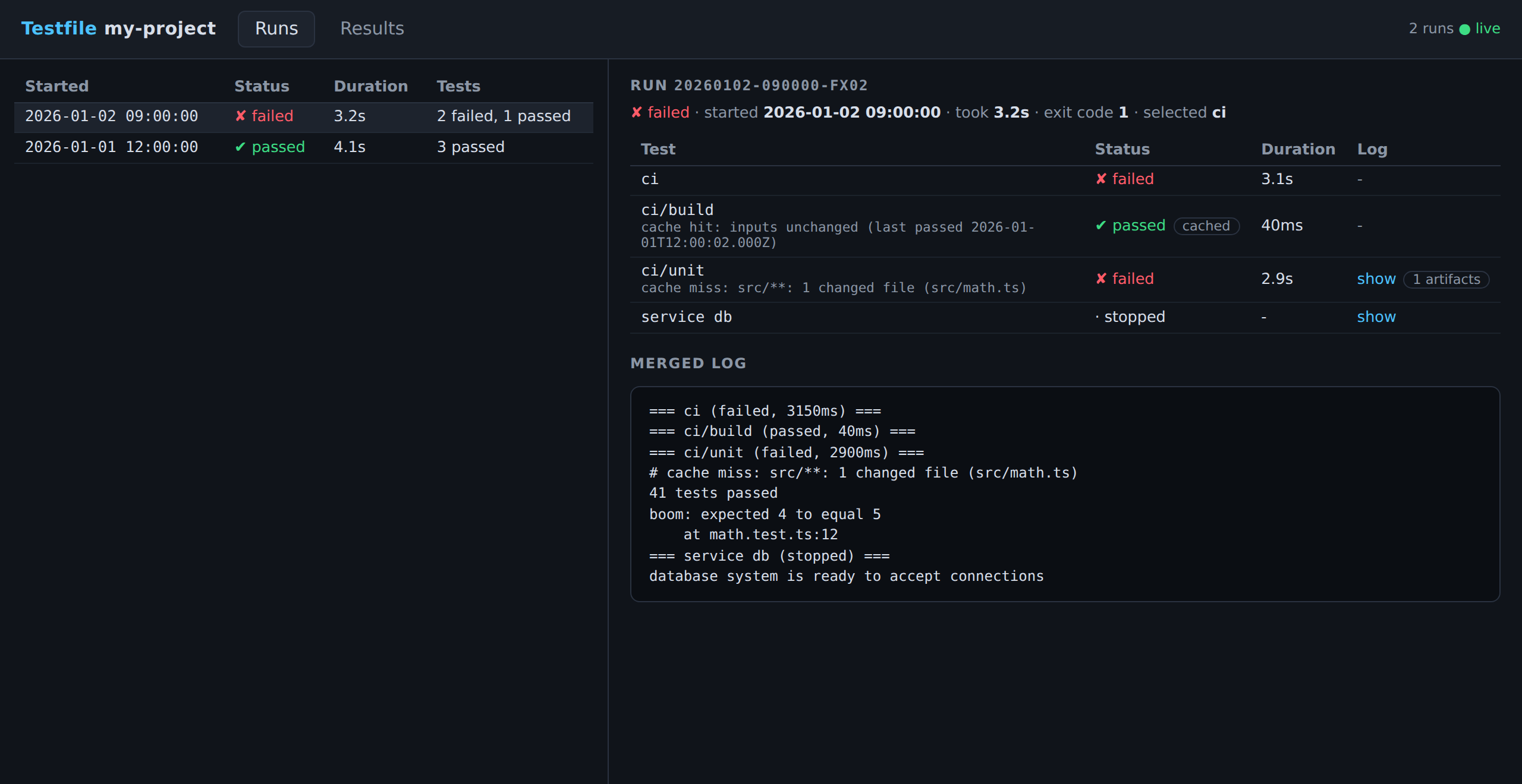 The Testfile web viewer showing a recorded run: the runs table, per-test statuses with cache reasons, a service row and the merged log